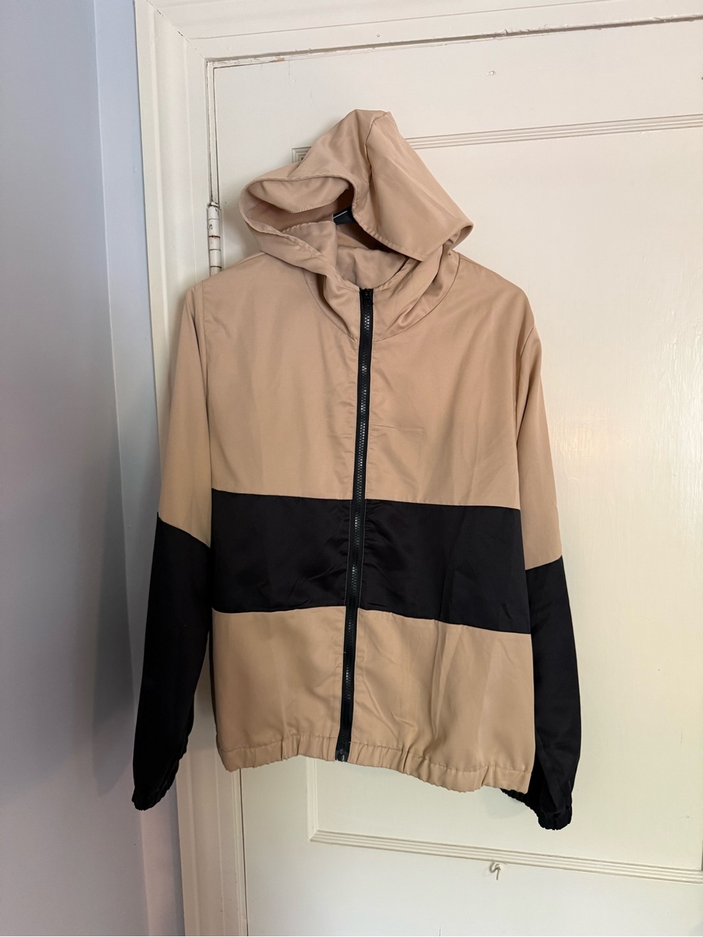 Hooded Windbreaker Jacket in Beige and Black
